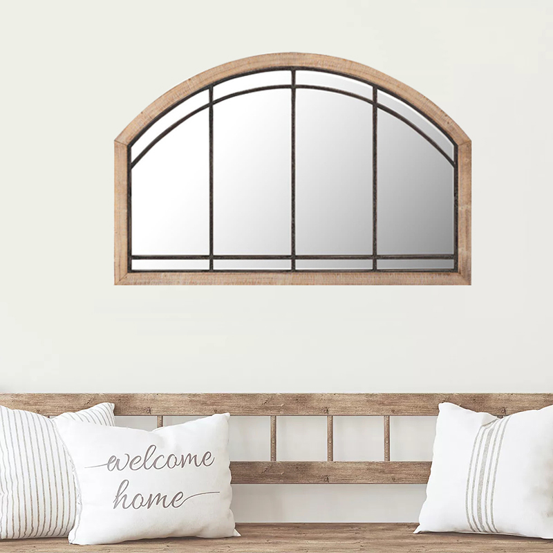 Rustic Brown Traditional Wood Arch Mirror, Shabby-Chic Rustic Windowpane Mirror with Metal Fretwork
