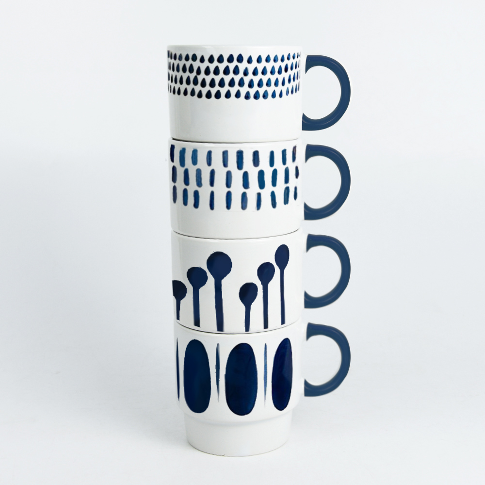 Set of 4pcs stackable mug, ceramic mug with decal print, color handle