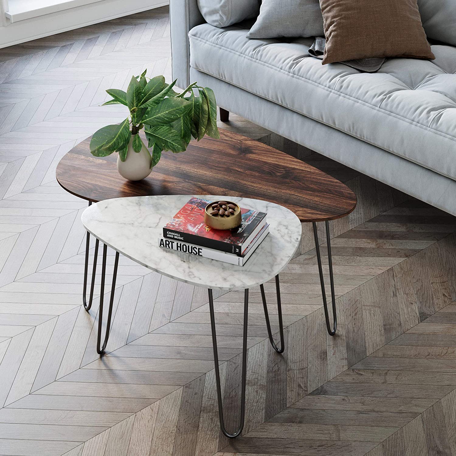 Mid-Century Walnut and marble coffee table