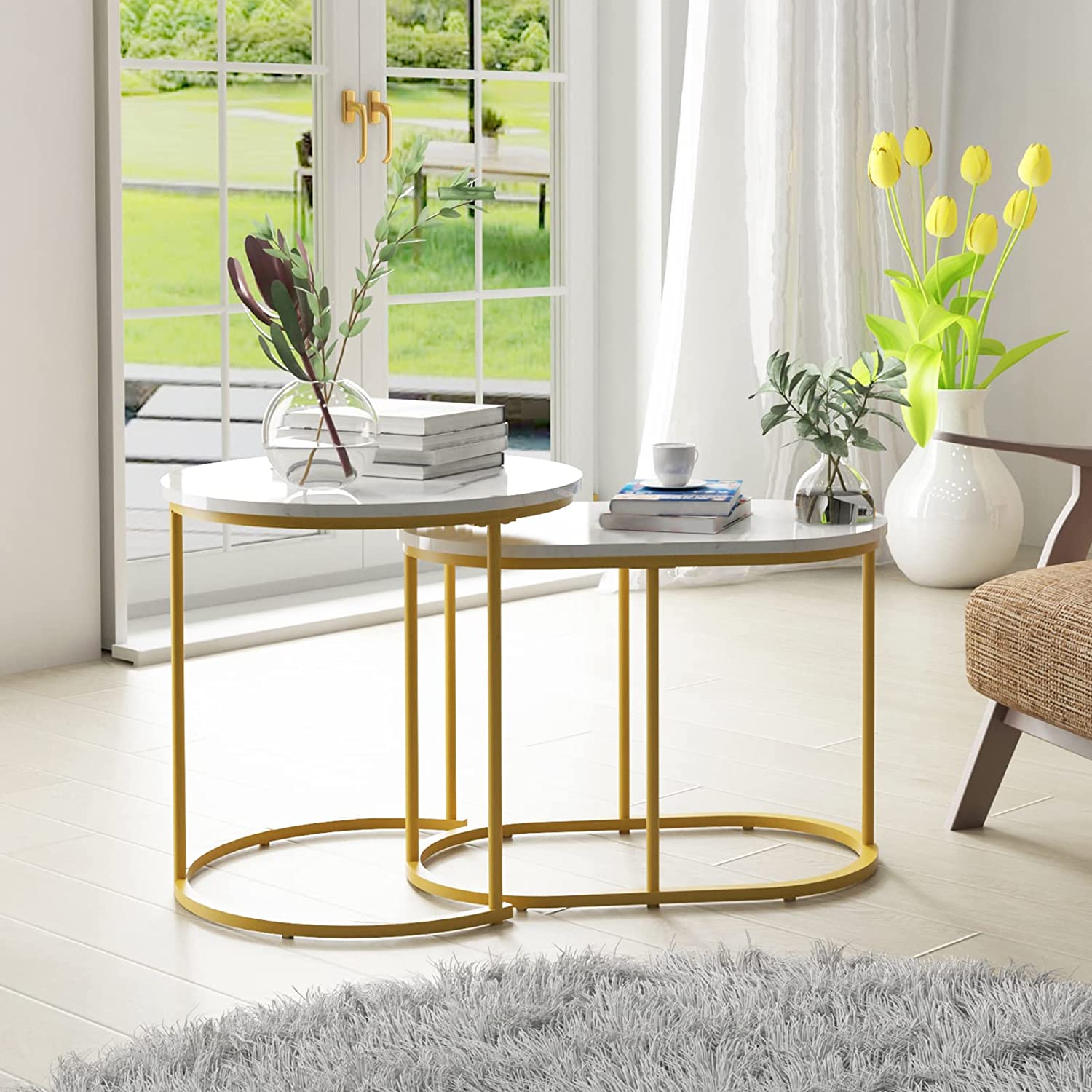 Marble-patterned gold bezel nested table
