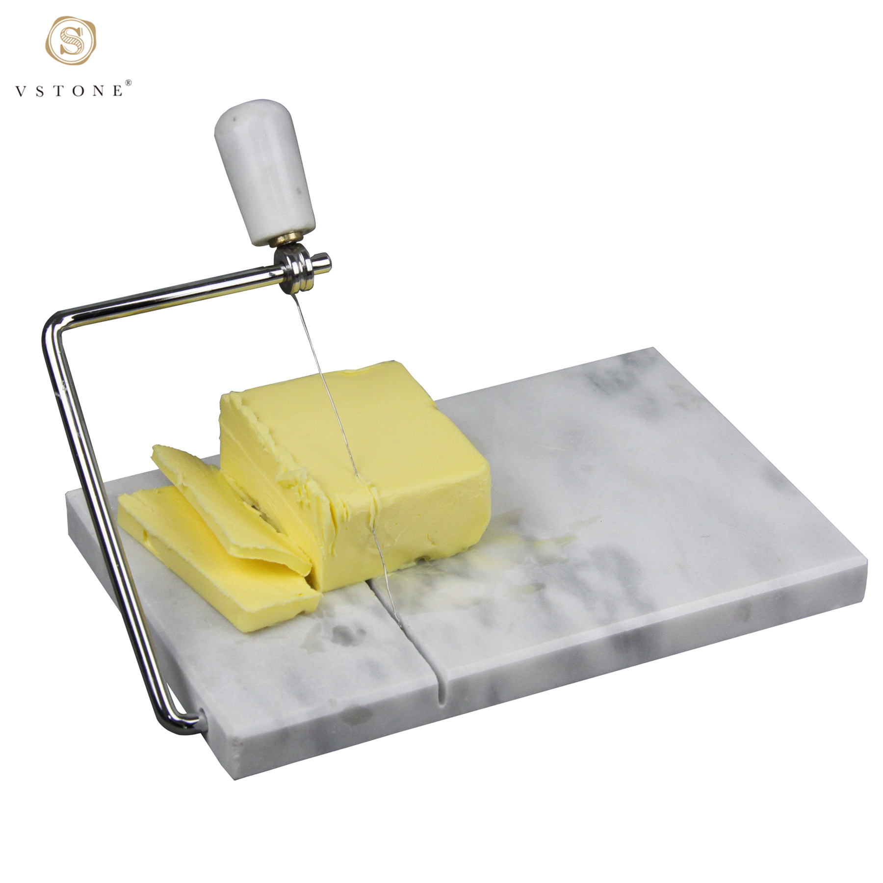 White marble cheese slicer board with metal wire