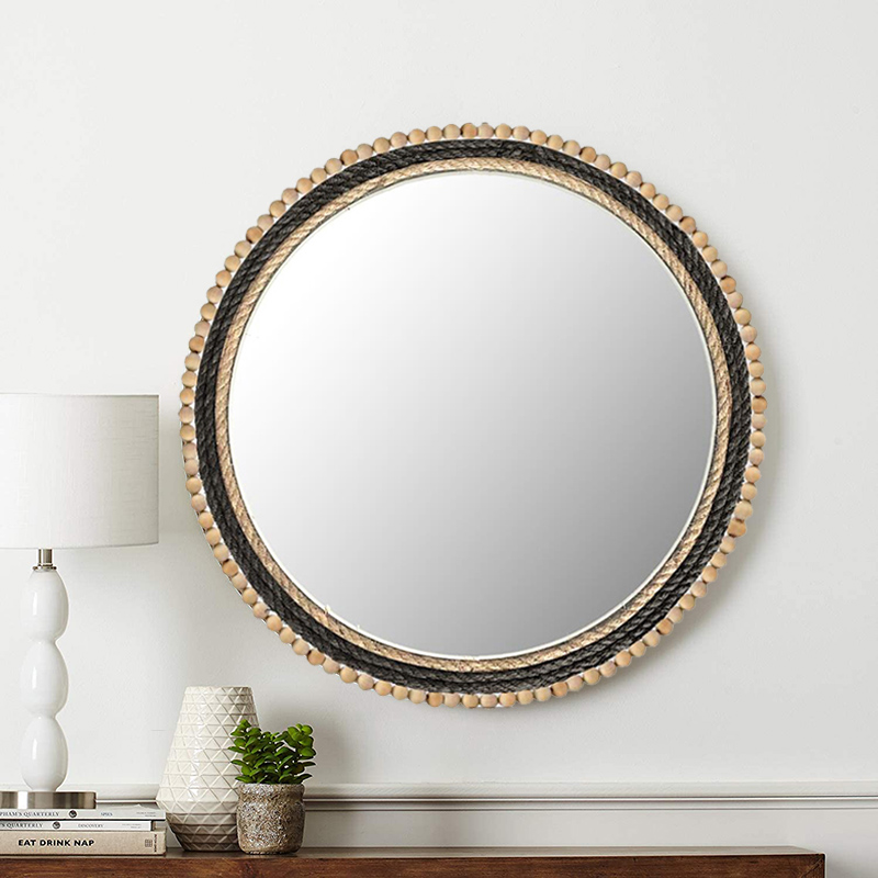 Luckywind 33.5'' Vintage Maritime Rope And Wood Bead Accentuated Wall Decor Mirror | Bathroom Mirror