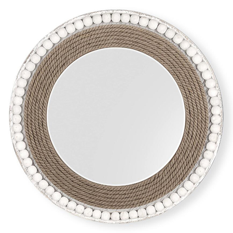 24'' Rustic Farmhouse Boho Style Circle Wall Mirror Round Wooden Beaded And Rope Framed Wall Mirror
