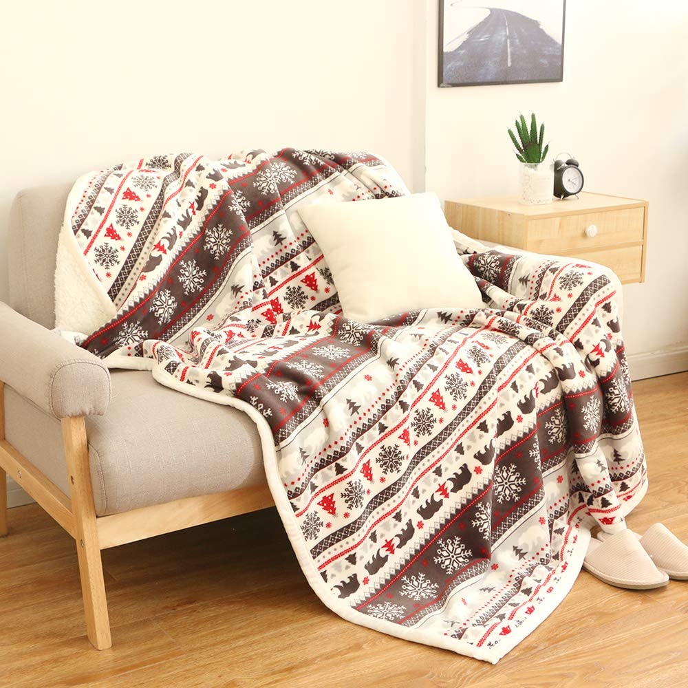 2 ply christmas design flannel fleece blanket with backside sherpa