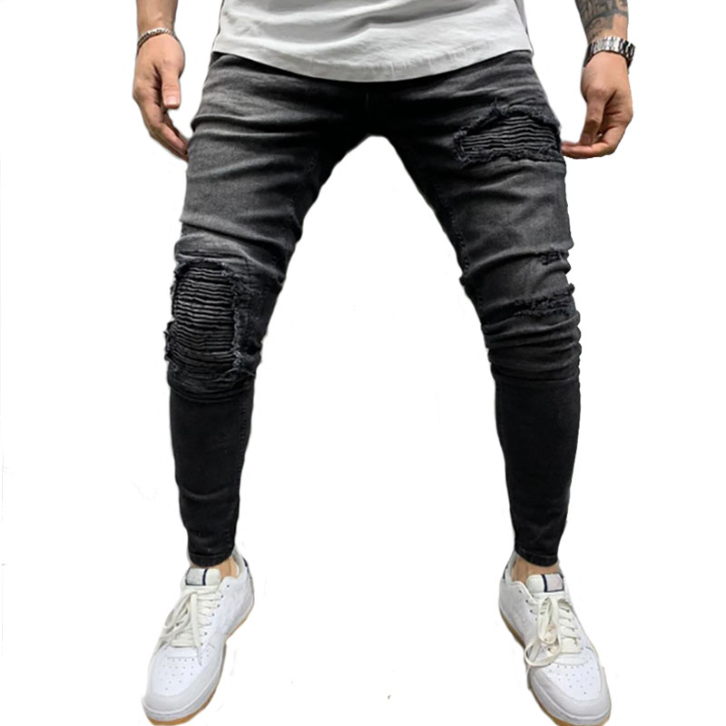 New product fashion high quality wrinkled ripped knee slant pocket black biker jeans men