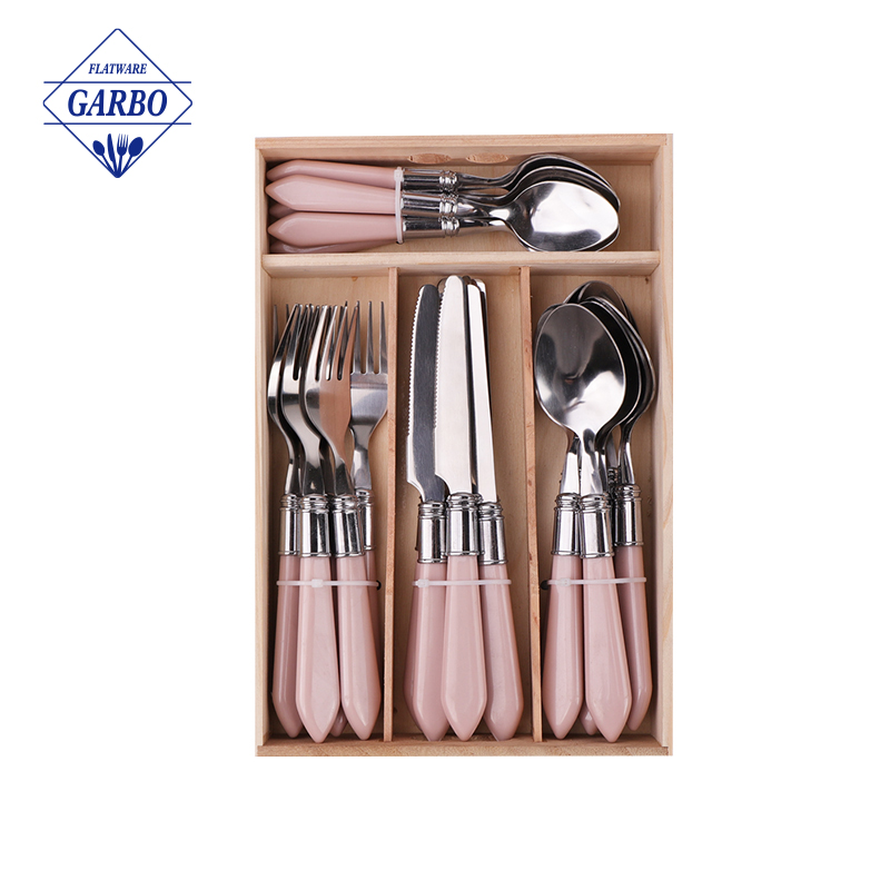 Factory cheap hand polish 24pcs pink plastic handle cutlery set