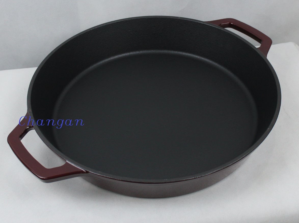 43CM cast iron enameled double handle wok pan pizza pan