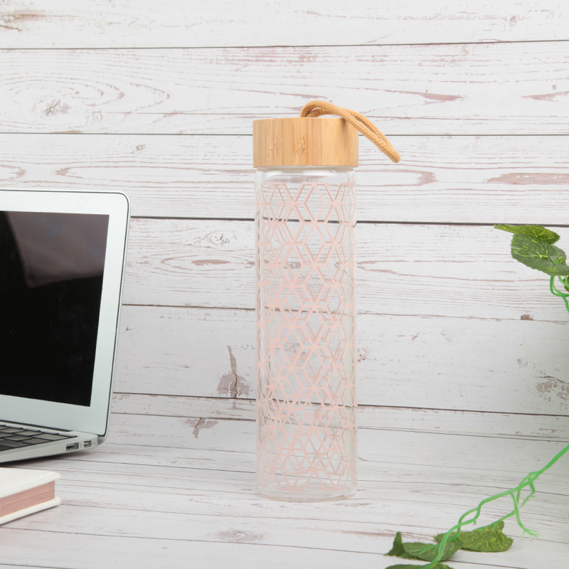 GOX Printed Glass Water Bottle With Bamboo Lid And Carrying Loop