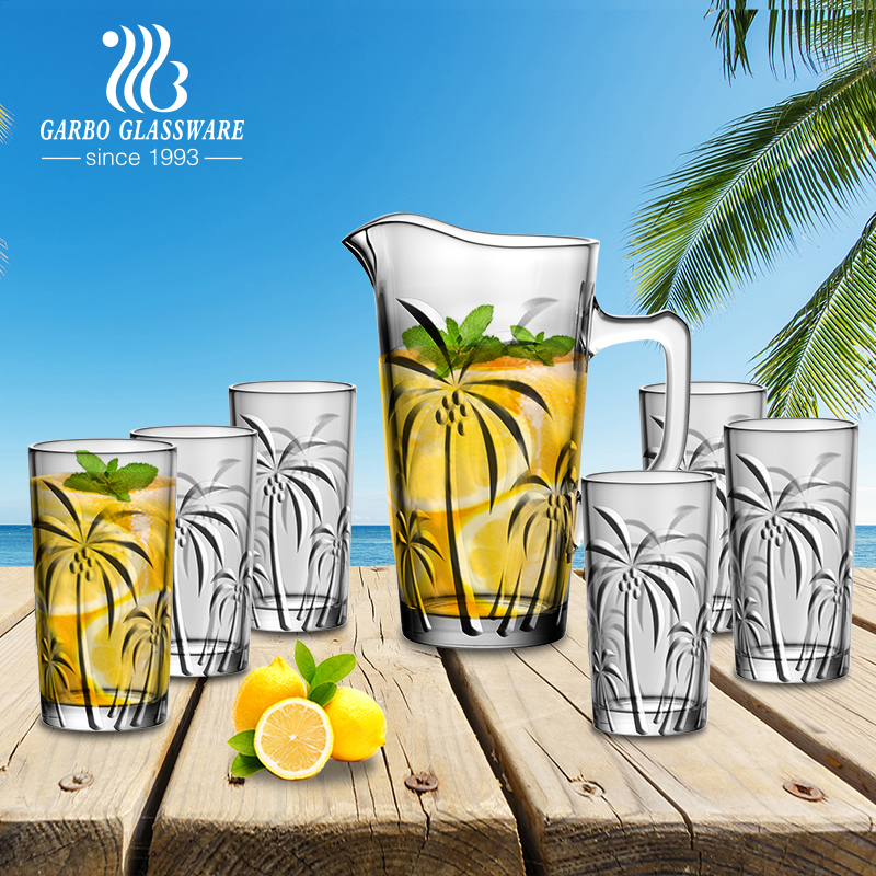 Sodalime Material Glassware 7PCS Drinking Set 1000ml Glass Jug Engraved Juice Glass Lemon Set