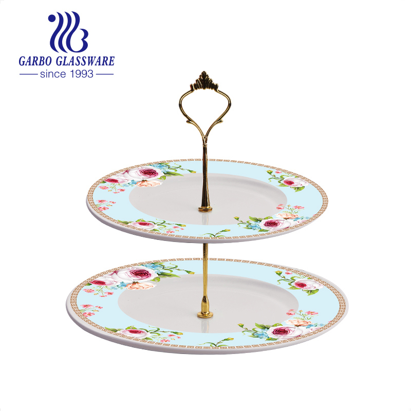 Promotion home tableware high quality full decal white opal glass serving plate set with iron stand