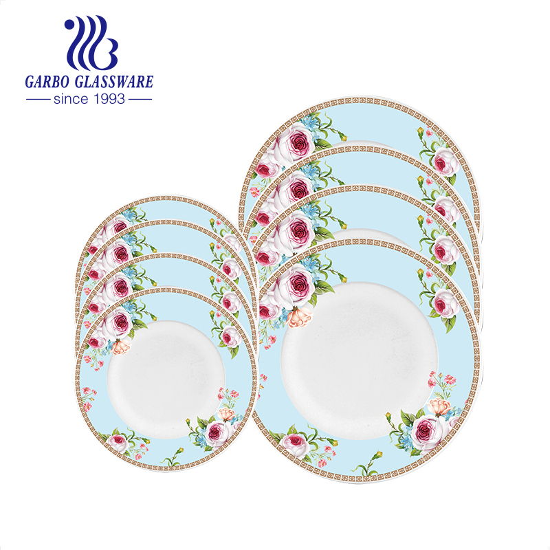 Promotion customize 8pcs full decal white opal glass dinner set for home
