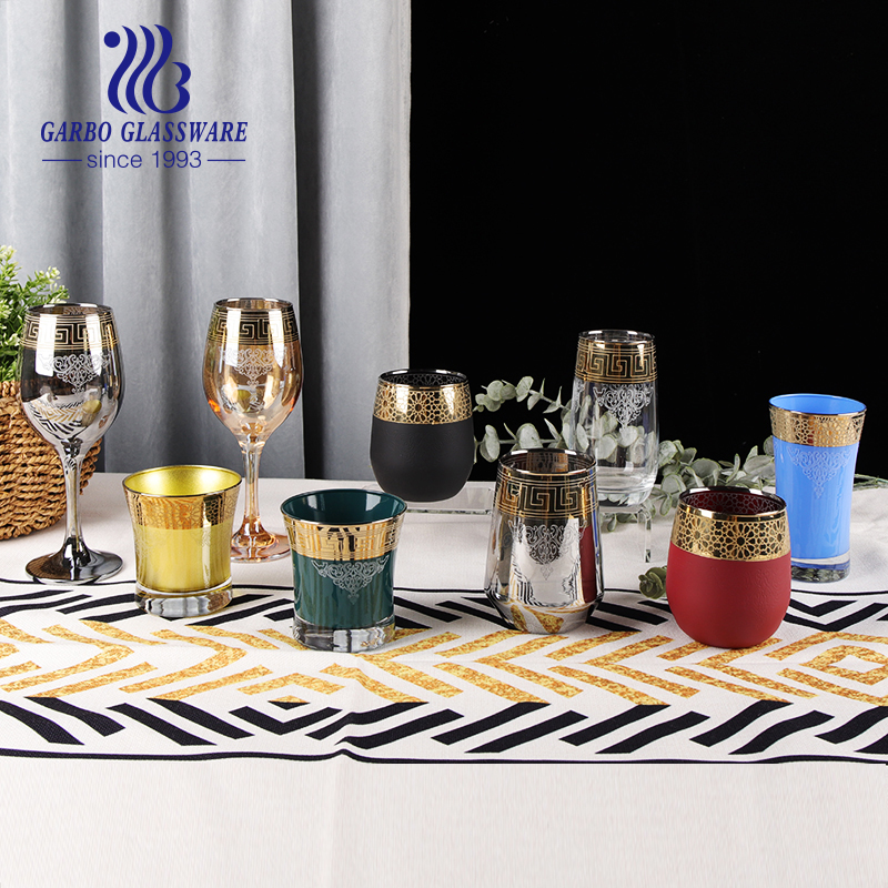 Middle East style Ion plating color spray emboss design wine glass stemware goblet