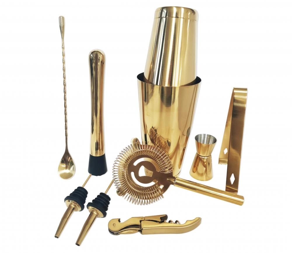 Custom Logo Perfect Home Bar Gold color Plated Stainless Steel Bar tools Bartender Kit