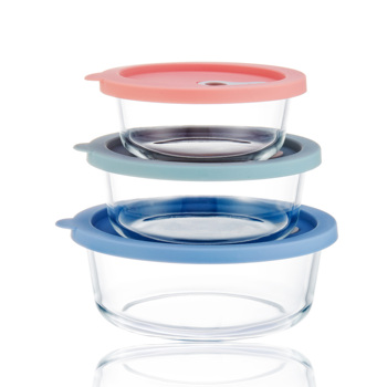 Glass food storage container with silicone lid