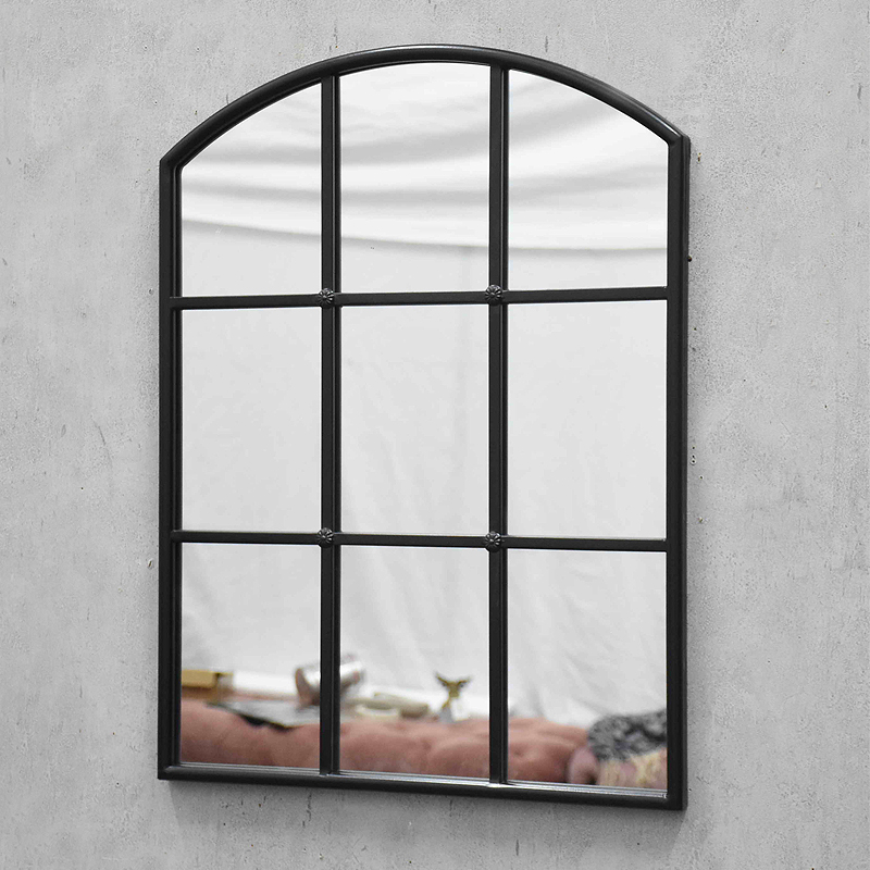 Luckywind Nordic Design Vintage Large Big Black Metal Arched Window Framed Hanging Wall Grid Mirror