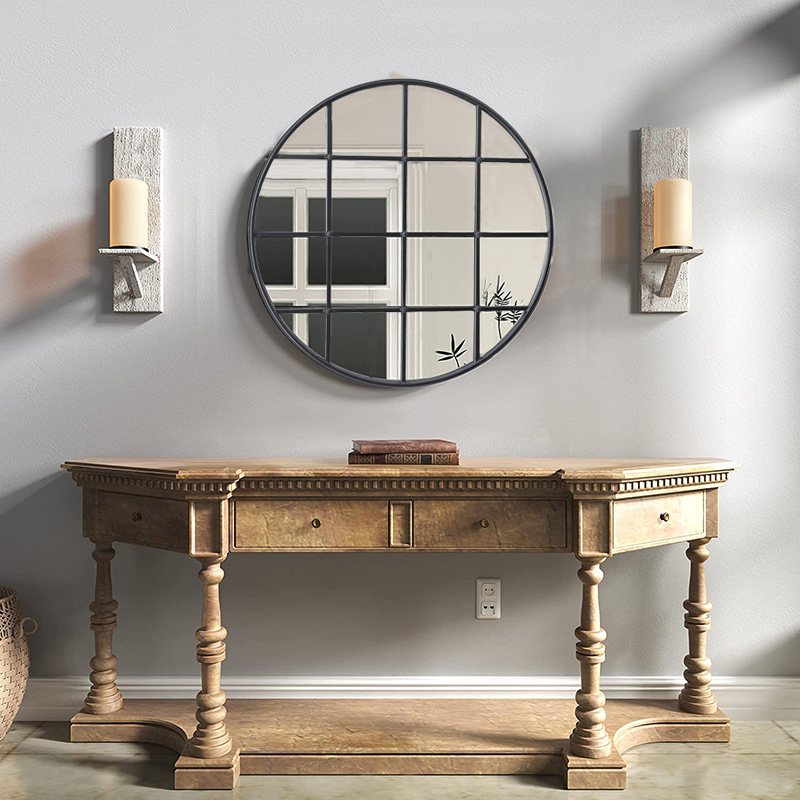 Luckywind Round Black Metal Framed Window Pane Mirror Decorative Circle Mirror Wall for Living Room