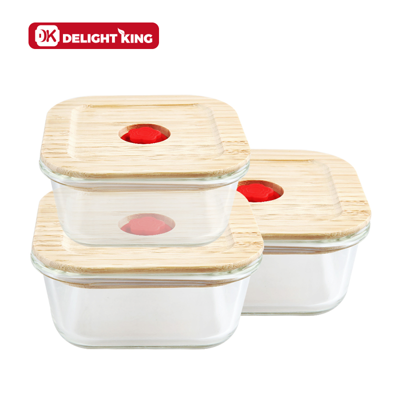 Top sale eco-friendly glass food containers storage bamboo lid bento lunch box With pump vented lid