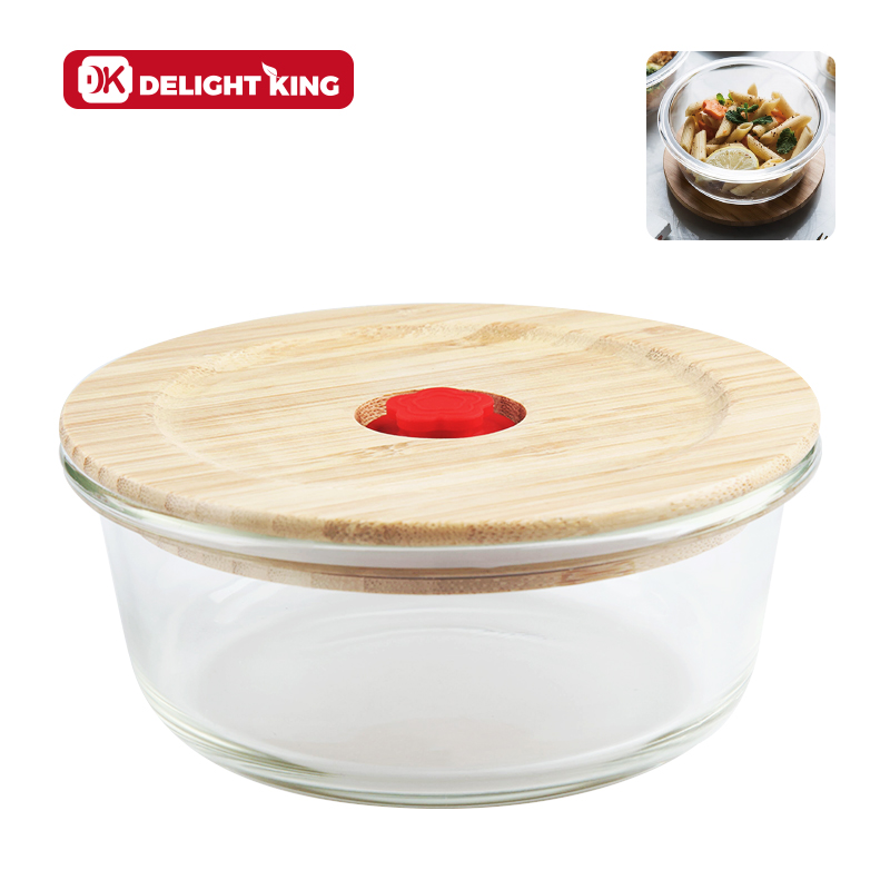bamboo lid high borosilicate glass food container/glass lunch tiffin box with design bamboo lid