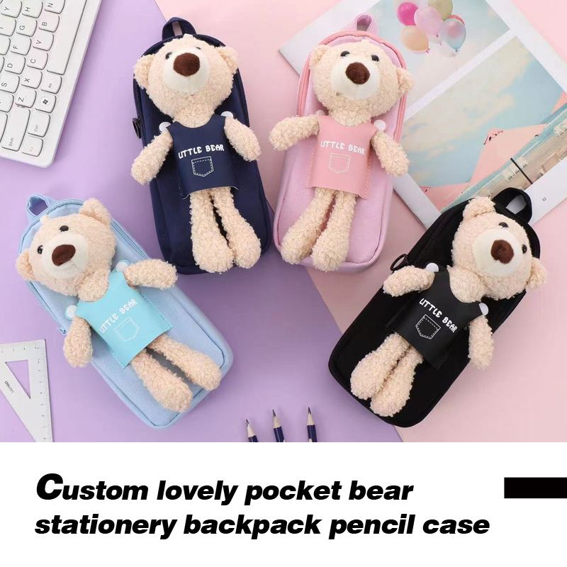 Custom lovely pocket bear backpack style stationery canvas pencil case&bag for school