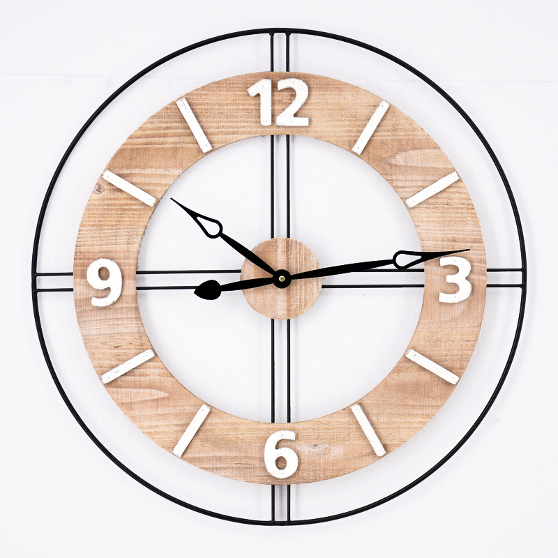 Luckywind Custom Big Minimalist Wall Clock Modern Farmhouse Loft Metal and Fir Wood Wall Clock