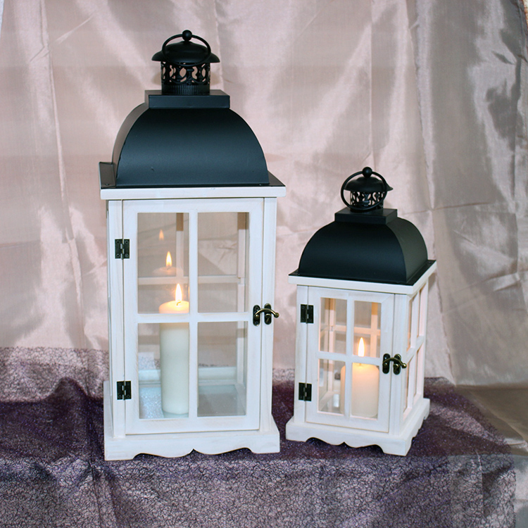 Set of 2 White Wooden Antique Grey Metal Decorative Hanging Lanterns for Parities and Weddings