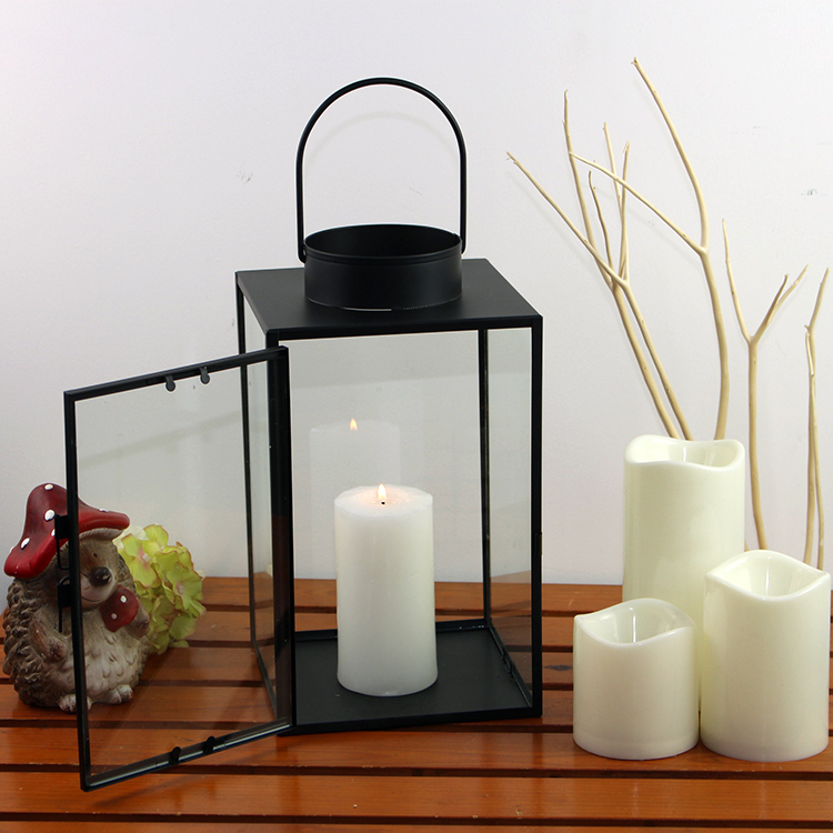 Minimalist Nordic Design black metal lantern with copper top for Home and Garden Decor