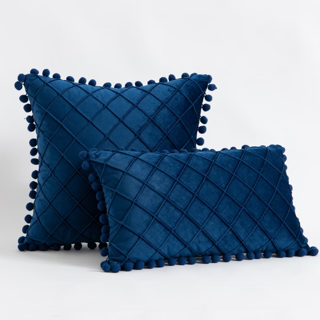 Pompom checked cushion pillow, cushion cover, velvet cushion cover