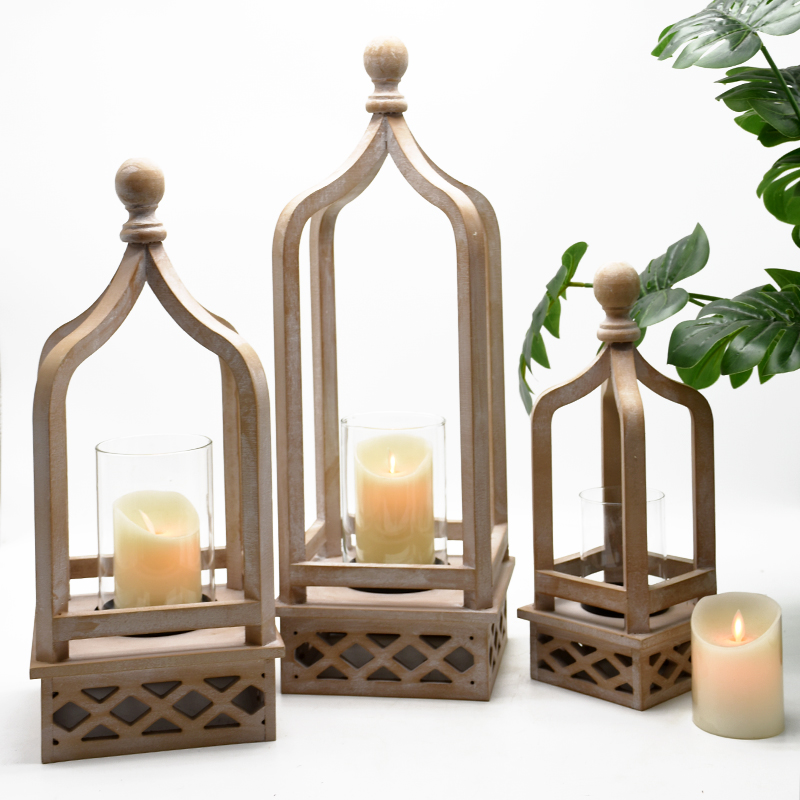 Factory wholesale Farmhouse Decorative Open Wooden Lantern Candle Holder, Rustic Floor Table Lantern