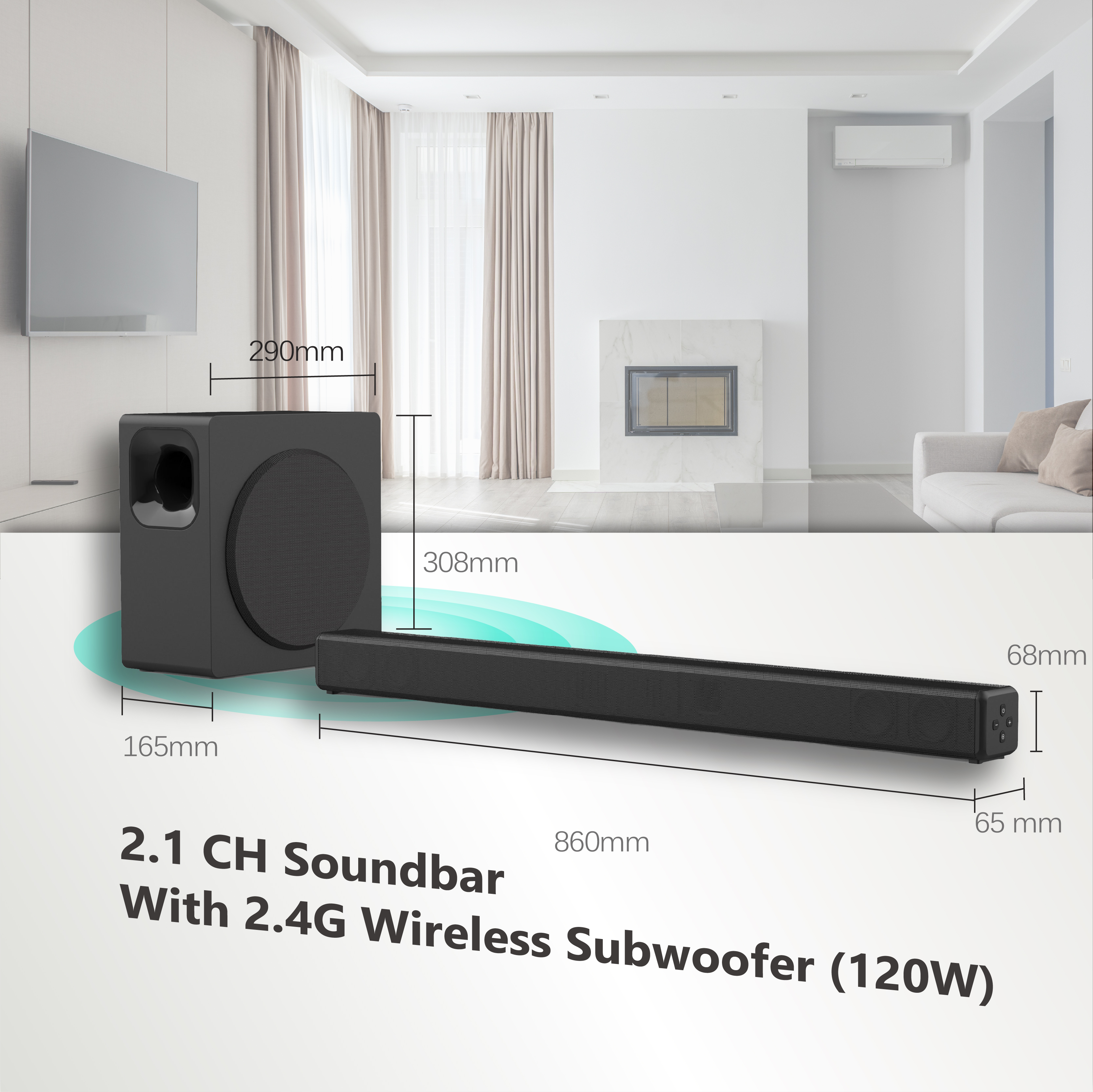 Best Sound Bar with Dolby Audio, 2.1 CH Soundbar with 2.4G True wireless Subwoofer, HDMI/Optical