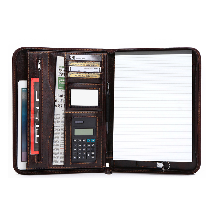 Recyclable letter size zipper oem a2 a3 a4 a5 portfolio pu leather file folder padfolio organizer
