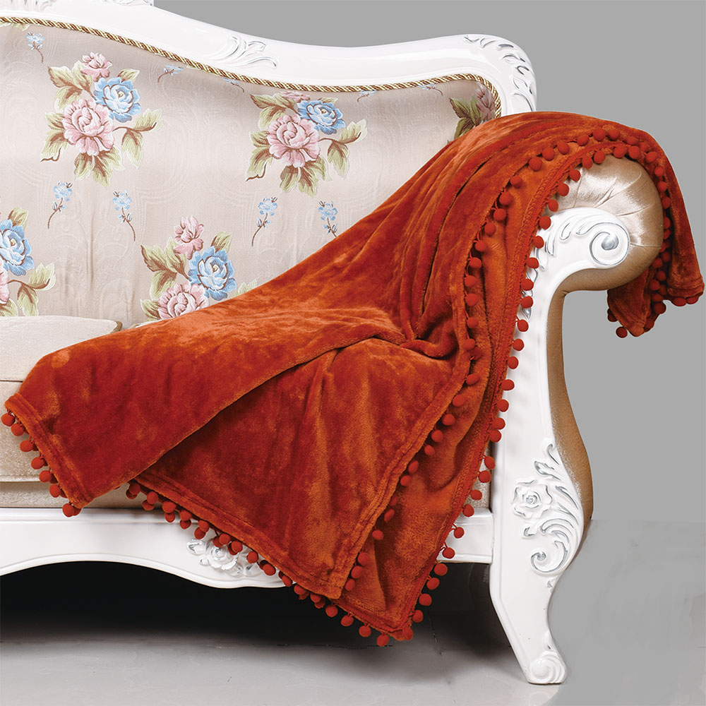 Solid Flannel Throw With Pomps