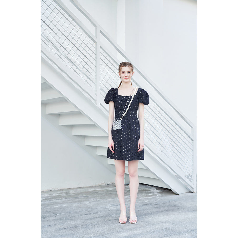 Puff-sleeved cinched-waist dress