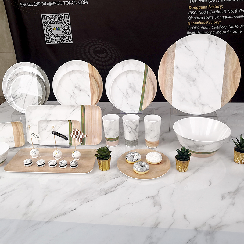 Brighton 100% Melamine Dinnerware Plates ( Wood & Marble Collection) | Light Weight and Competitive Price 9", 11'' & 14'' Round Plates | Color: White with decal