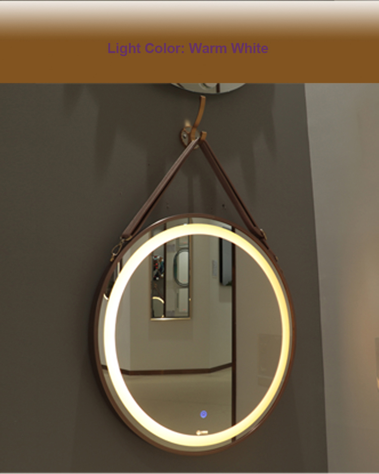 Wall-mounted aluminum alloy brushed oxidation edge luminous bathroom mirror with leather rope