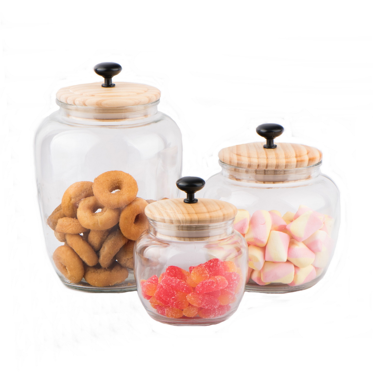 Round glass jar for food storage with wooden lid