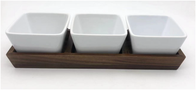 Amazon Factory Snacks Serving Ceramic Sauce Dipping Bowls with wooden tray