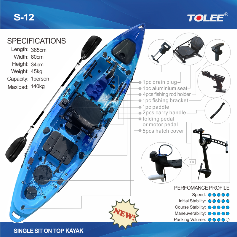 kayak Tolee 12ft Motor pedal single fishing no inflatable kayak3.85M 1 Person Pedal Fishing Kayak