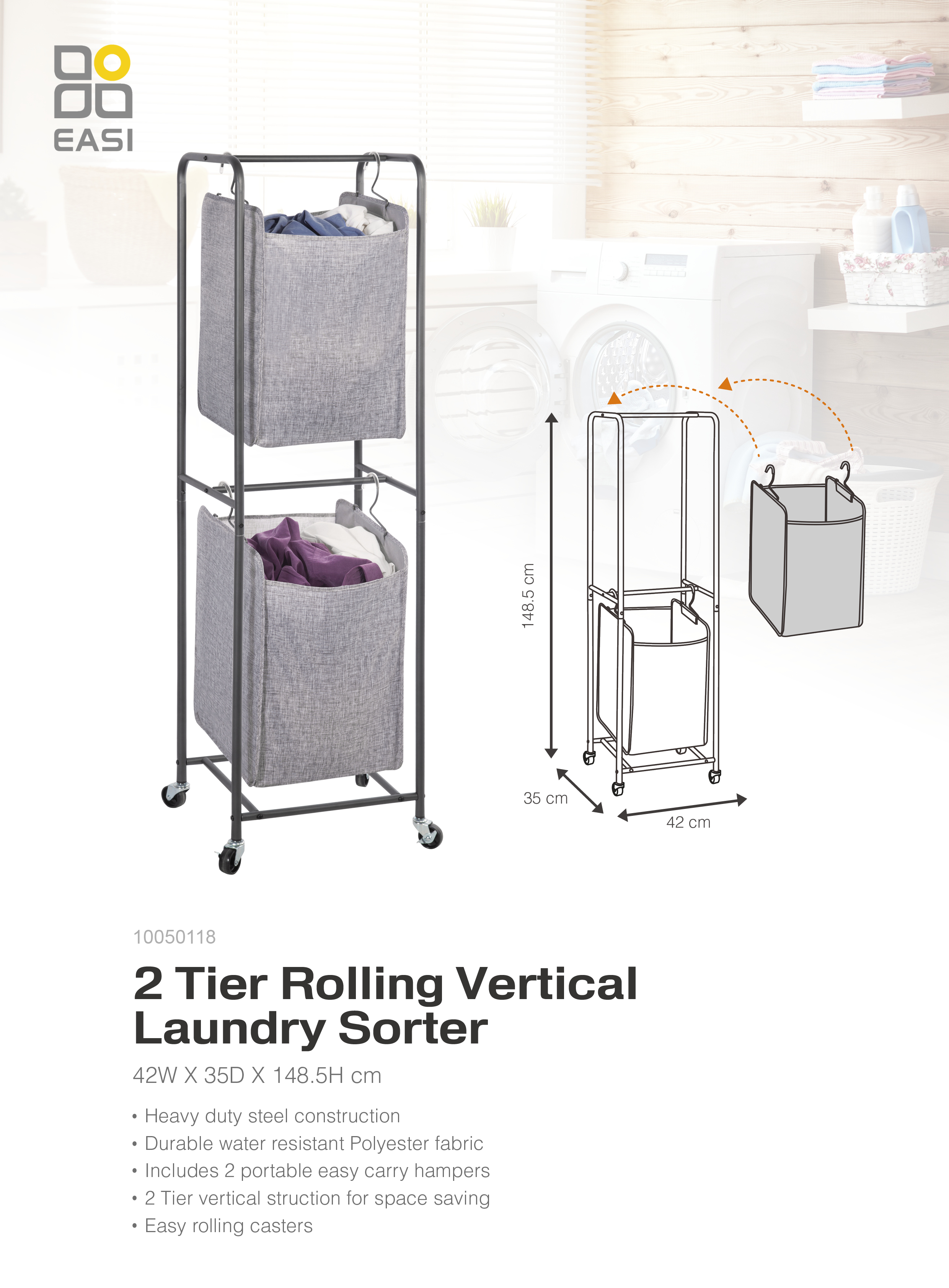 2 Tier Rolling Vertical Laundry Sorter