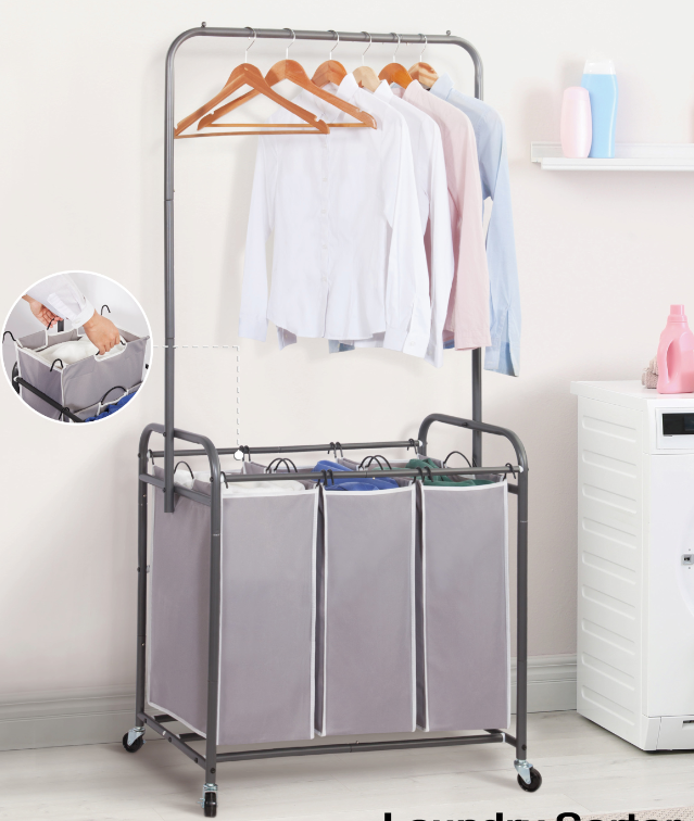 Heavy Duty 3 Bag Laundry Sorter Cart with Hanging Bar