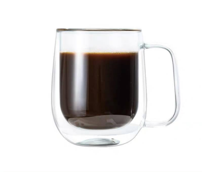 High borosilicate U-shaped double wall glass coffee cup with handle