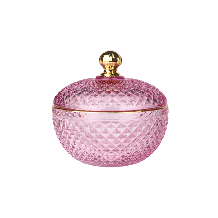 Hand Made10oz Dome Lid Pink Diamond Geo Cut Luxury Candle Jar Glass With Gold Rim Empty