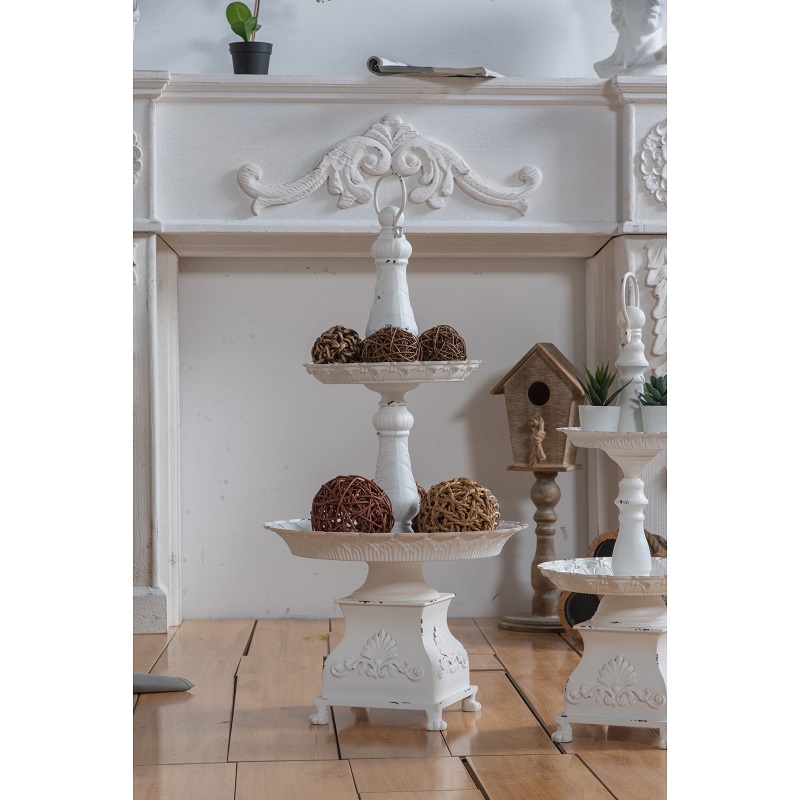 Metal Handle Farmhouse Wood Round 2-layer Snack Dessert Candy Cake Fruit Plate Display Storage Tray For Dining Room Living Room