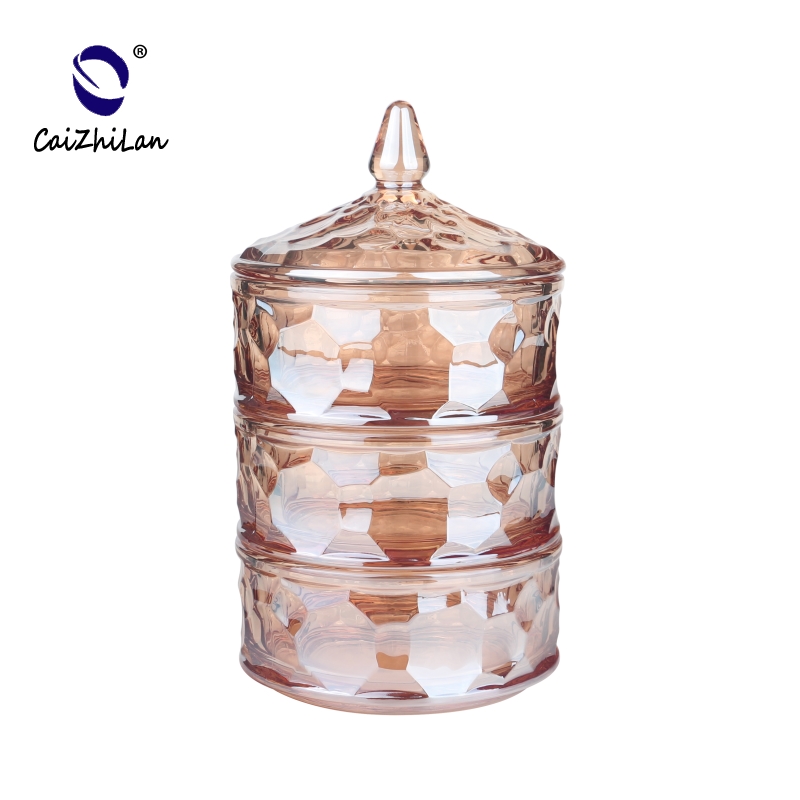 Three Tiers Electroplated Amber Color Candy Jar With Lids