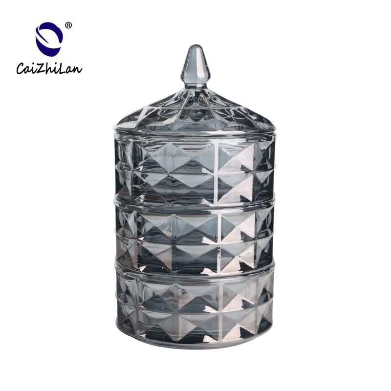 Three Tiers Electroplated Smoke grey Diamond Geo CutGlass Candy Jar With Lids