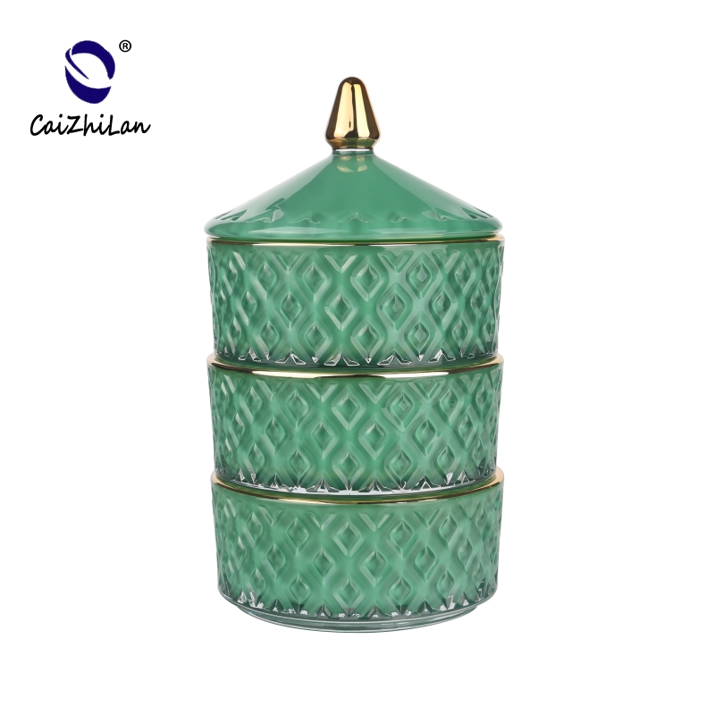 Three Tiers Sprayed Green Color Gold Rim Candy Jar With Gold tip Lids