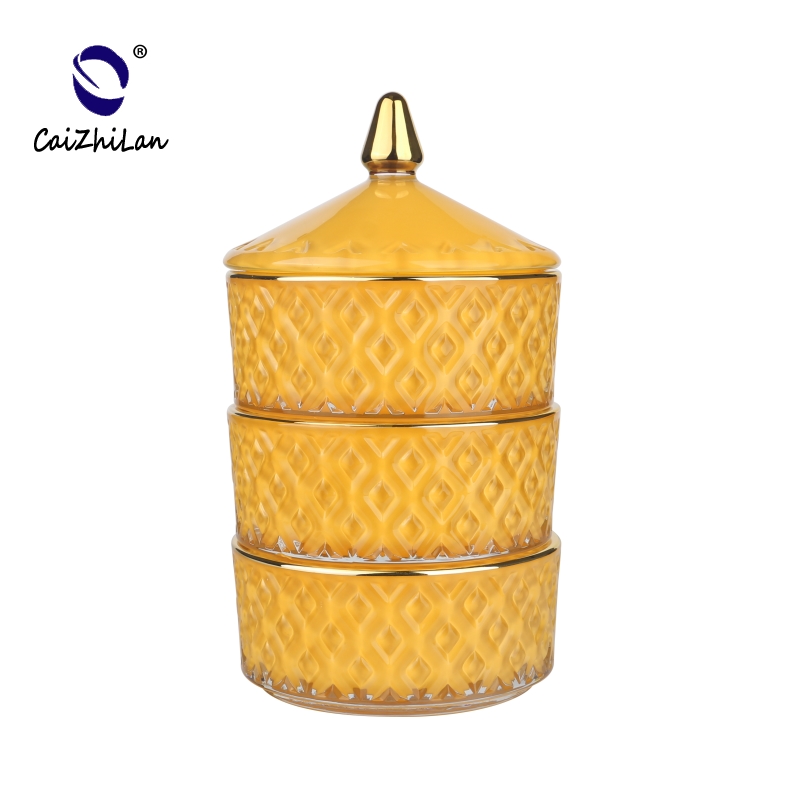 Three Tiers Sprayed Yellow Color Gold Rim Candy Jar With Gold tip Lids