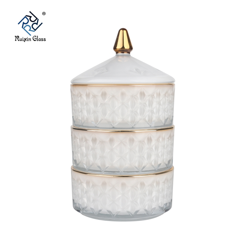Three Tiers Sprayed White Color Gold Rim Candy Jar With Gold tip Lids