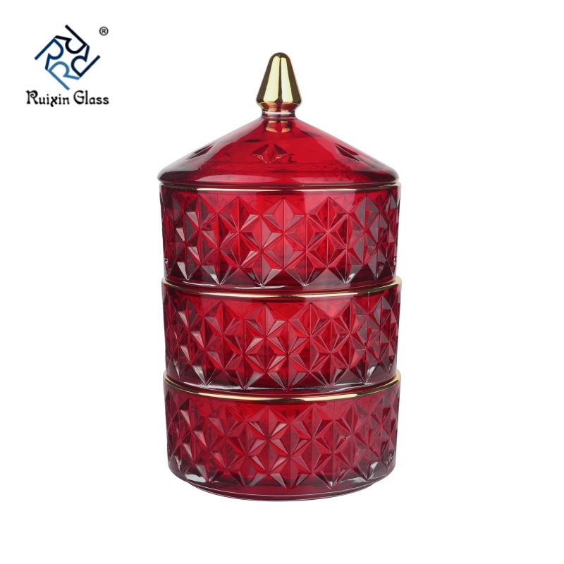 Three Tiers Sprayed Ruby Red Color Gold Rim Candy Jar With Gold tip Lids