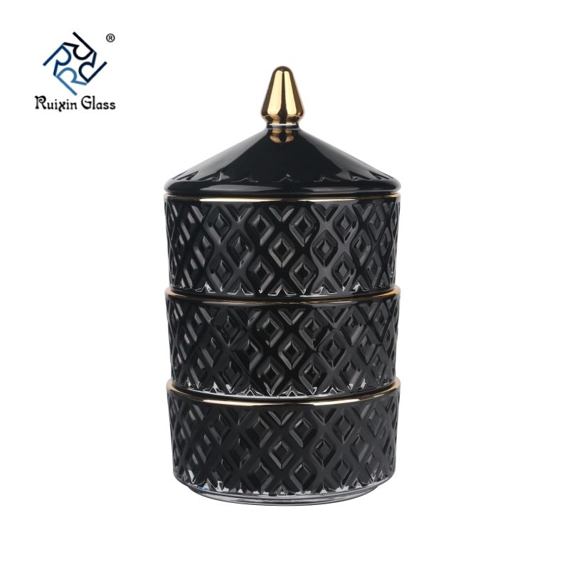 Three Tiers Sprayed Black Color Gold Rim Candy Jar With Gold tip Lids