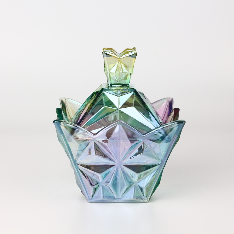 Aesthetic Electroplated Peacock Blue Iridescent Glass Candy Jar With Lids